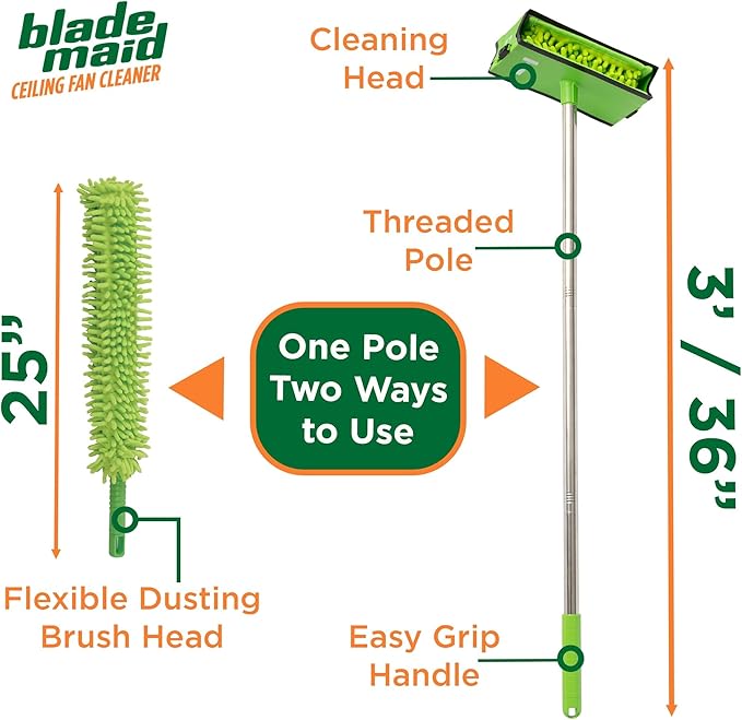 Blade Maid Ceiling Fan Cleaner- Cleaning Tool with 3 Foot Extendable Pole, Cleaning Head, Reusable Fiber Duster, & Flexible Brush