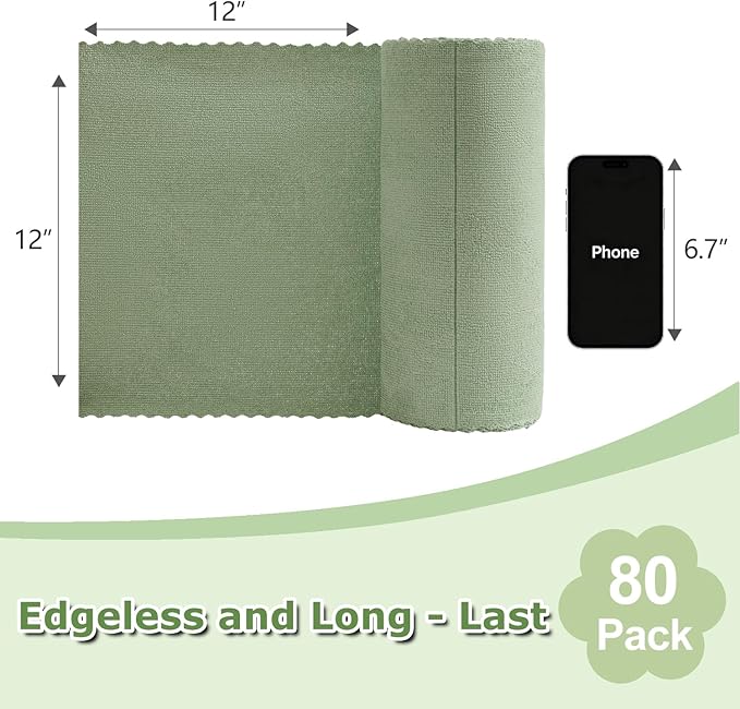 Jessy Home 80 Pack Microfiber Cleaning Cloth Roll Reusable Paper Towels 12"x12" Tear Away Cloth, Microfiber Towels for Cars, Wash Cloths, Lint Free Rags for House, Kitchen,Window,Cleaning Supplies