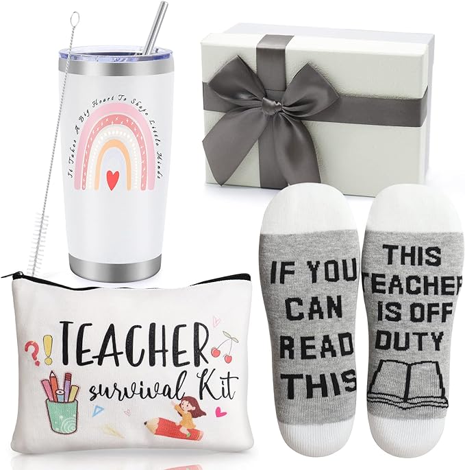 Best Teacher Appreciation Gifts,20 OZ Insulated Tumbler for Women Teacher,Unique Gift Ideas from Students - Funny Socks Thank You Basket Box for New Teachers,Christmas Gifts for Teachers