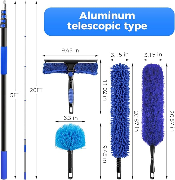 26ft Telescoping Dusting Kit, Aluminum 5-20ft Fan & Window Cleaner Set, Versatile Dusting Set with 5 Replaceable Heads for Cleaning Fans, Windows, and Hard-to-reach Areas Outdoors Without Ladder