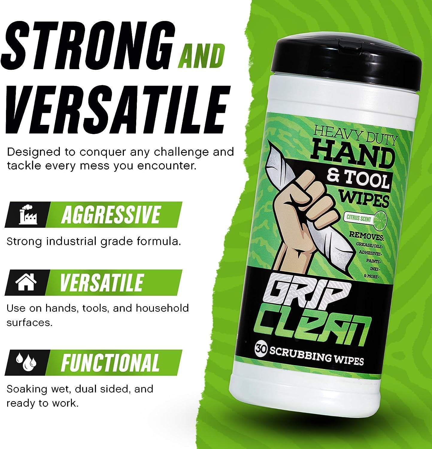 Grip Clean Heavy Duty Hand & Tool Cleaning Wipes – Waterless Hand Cleaner for Mechanics, Garage & Shop Use – Dual-Sided Grease, Oil & Paint Remover Wipes with Citrus Scent - 30ct