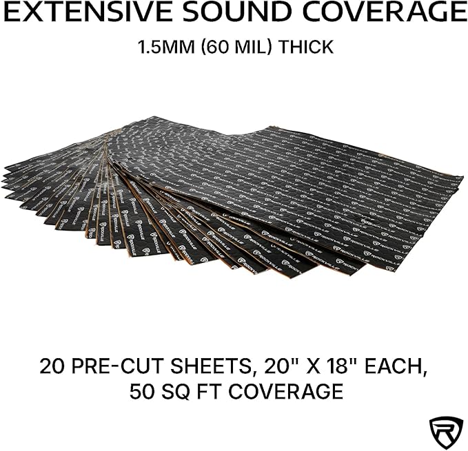 Rockville RockMat 50-15 50 Sq Ft Butyl Sound Deadening Mat 1.5MM 60 Mil, Aluminum Foil Backing, Adhesive Precut Sheets, Reduces Road Noise and Vibrations, Car Truck Van RV Marine