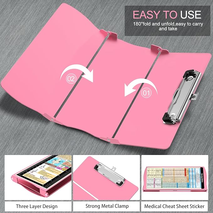 Nursing Clipboard Foldable Nurse Clipboard: 3 Layers Aluminum Folding Clip Board Pocket Size Medical Clipboards Nursing Edition Cheat Charts for Nurses Students Doctors Pink