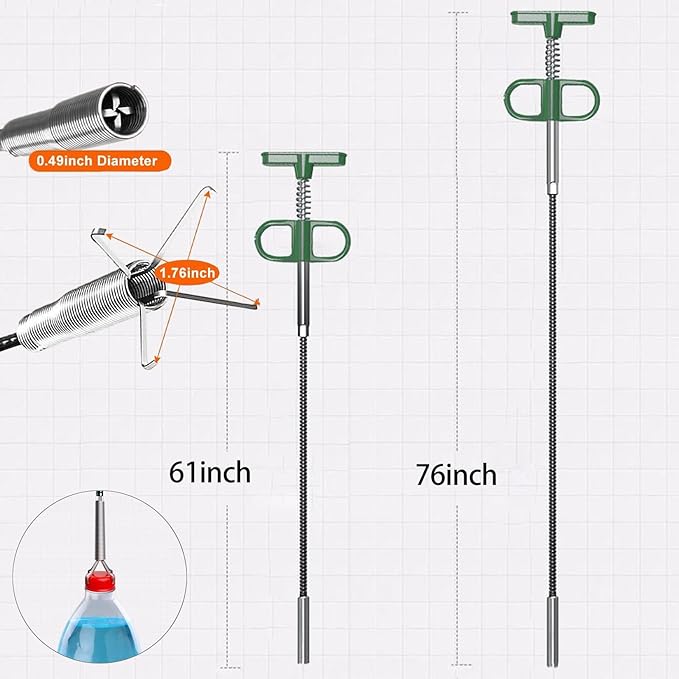 Upgrade Drain Snake for Hair Clogs, 61'' Four claw grabber pickup tool for Litter Pick, Home Sink, Drains, Toilet, Snake Drain Hair Remover