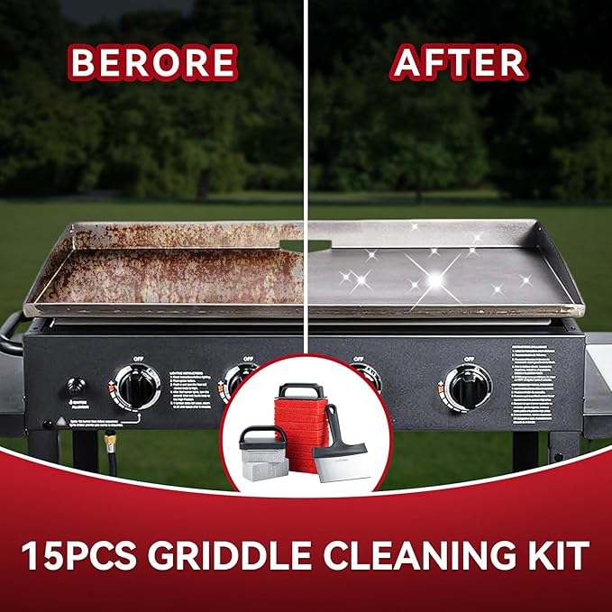 onlyfire 15Pcs Griddle Cleaning Kit for Blackstone, Flat Top Grill Cleaning Kit with Grill Stone, Griddle Scraper, Scouring Pads, Grill Bricks and Handles