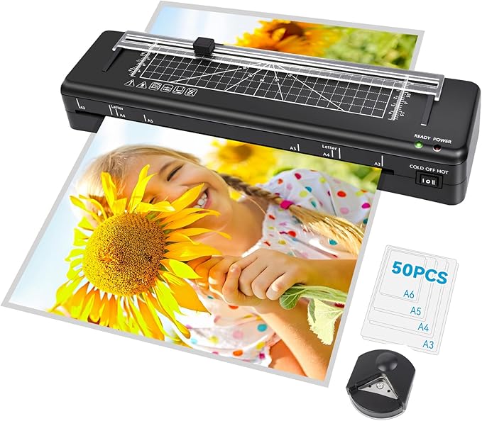 Laminator Machine A3 Laminating Machine with Built-in Trimmer, Fast Warm-up 13 Inch Cold and Thermal Lamination with 50 Laminating Sheets, 5-in-1 Portable Laminators for Home Office School Use
