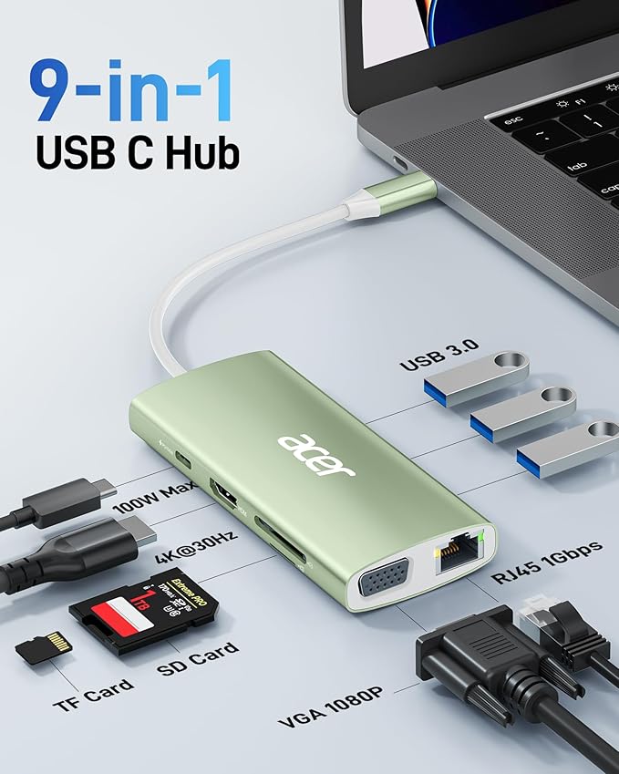 Acer USB C Hub with 4K HDMI, 9-in-1 USB C to Ethernet Adapter, 5Gbps USBA 3.0 Docking Station, VGA Splitter, SD Card Reader, PD 100W Charging for MacBook, Acer, Laptops, Surface and More (Green)