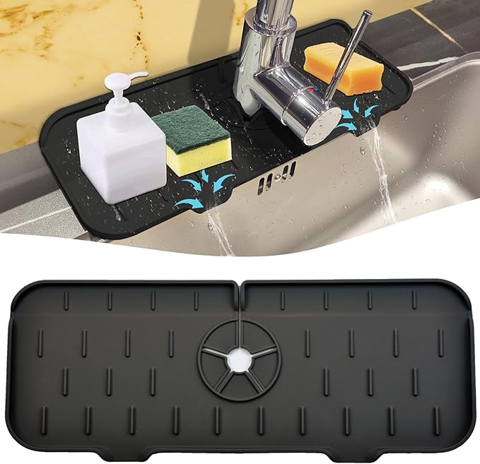 Kitchen Faucet Sink Splash Guard, Silicone Faucet Water Catcher Mat – Sink Draining Pad Behind Faucet, Grey Rubber Drying Mat for Kitchen & Bathroom Countertop Protect -Black