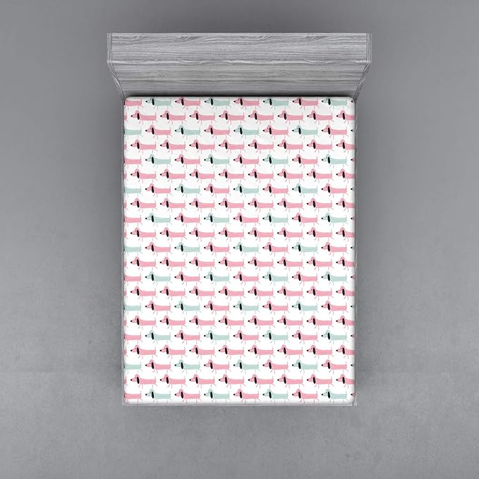 Ambesonne Dachshund Fitted Sheet, Pattern with Funny Cartoon Sausage Dogs, Bed Cover with All-Round Elastic Deep Pocket for Comfort, Queen Size, Seafoam Pink