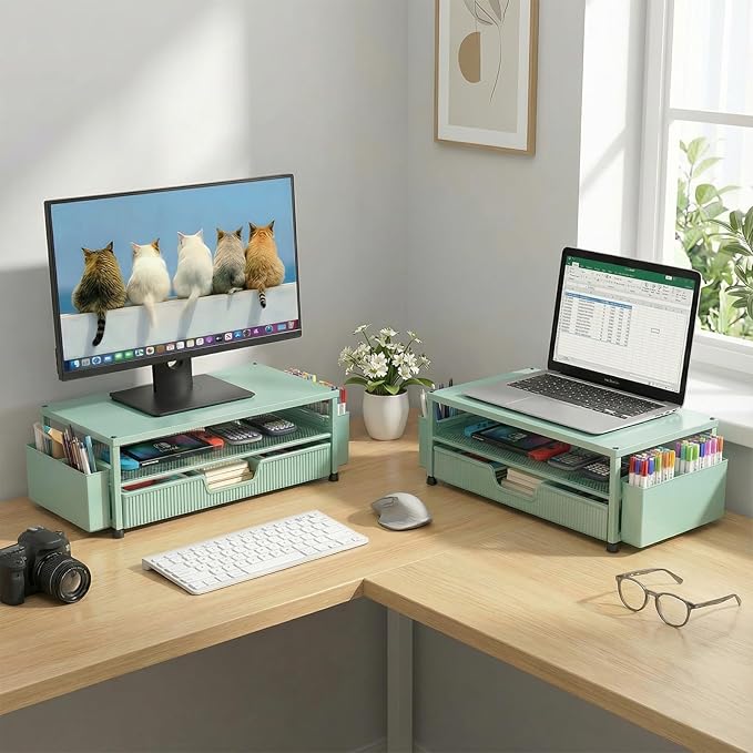 Desk Organizer and Accessories, 2-Tier Computer Monitor Stand Rise with Storage Drawer & 2 Pen Holders, Laptop & Printer Stand for Desktop, Workspace Organizers for Office Supplies (Green)