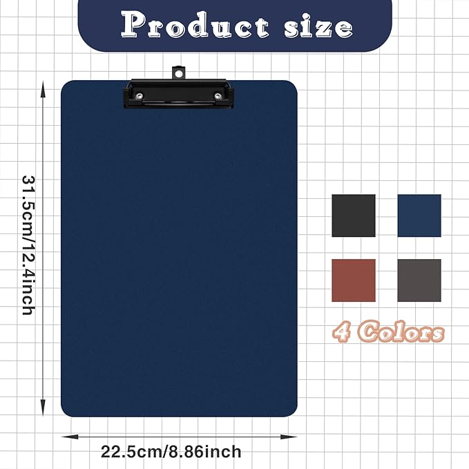 4 Pack Colored Clip Boards,Plastic Clipboards with Low Profile Metal Clip,Hangable Clipboard,Low Profile Clip Board 12.5 x 9 Inch Standard Letter Size