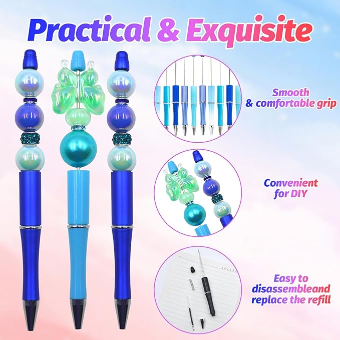 150 Pieces DIY Beadable Pen Kit – 50 Plastic Ballpoint Pens with Refills & Bags – School Supplies, Office Accessories & Decorative Items for Students & Teachers (Blue)