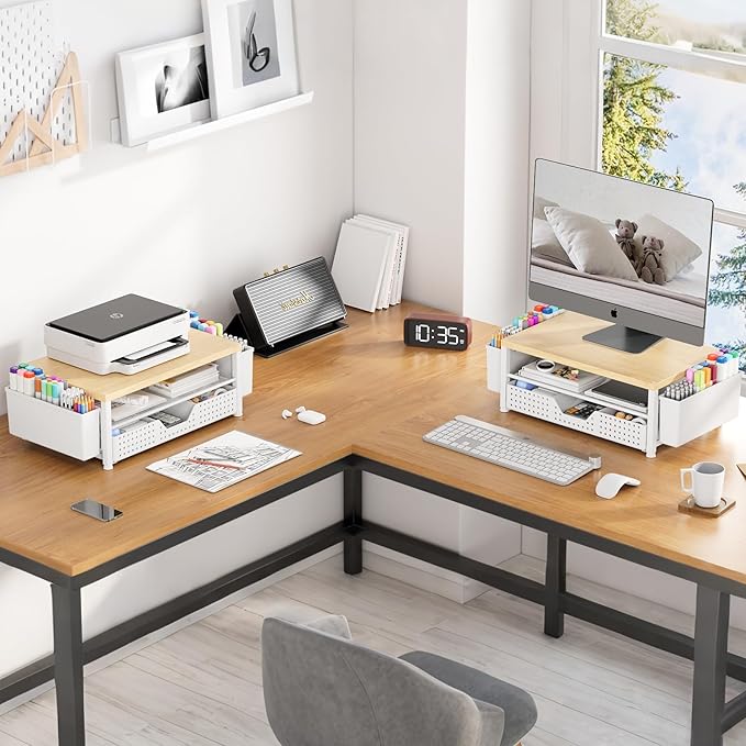 Wood Monitor Stand Riser, Laptop Stand for Desk, Office Desk Organizer and Accessories, Computer Desktop Shelf with Drawer and Pen Holder, Printer Stand for Home, Office, Dorm (Natural Wood)