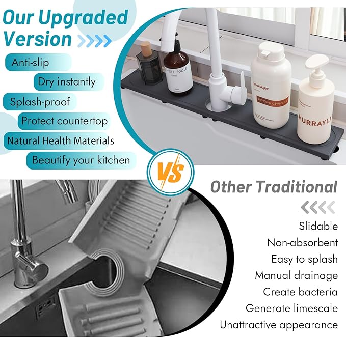 Faucet Mat for Kitchen Sink with Raised Feet, Fast Drying Diatomite Stone Sink Tray, Water Absorbent Faucet & Sink Splash Guard, Prevents Moisture Buildup, Durable Protector for Bathroom Counter
