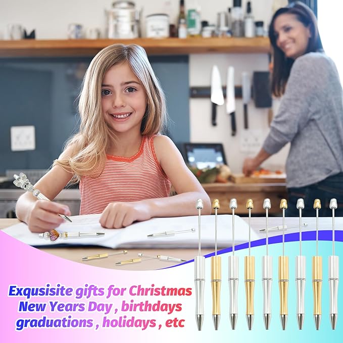 150 Pieces DIY Beadable Pen Kit – 500 Plastic Ballpoint Pens with Refills & Bags – School Supplies, Office Accessories & Decorative Items for Students & Teachers (Silver and Gold)