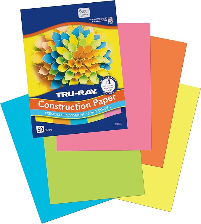 Tru-Ray Heavyweight Construction Paper, Hot Assorted Colors, 9" x 12", 50 Sheets & Construction Paper P103031, 10 Classic Colors, 9" x 12", 50 Sheets