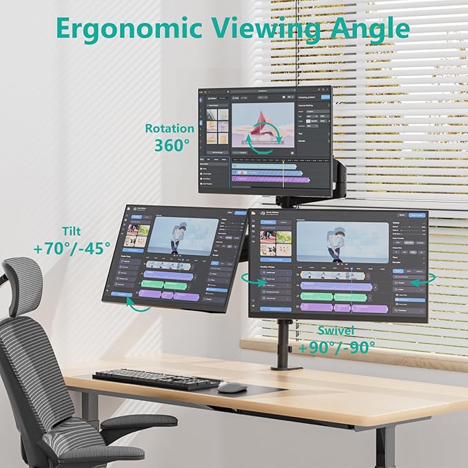 WALI Triple Monitor Mount for 13-32 inch Screens, Full Adjustable 3 Monitors Desk Mount with Clamp & Grommet Base, Gas Spring Monitor Arm, up to 19.8lbs Each, VESA 75x75 100x100 mm (GSDM003XL), Black