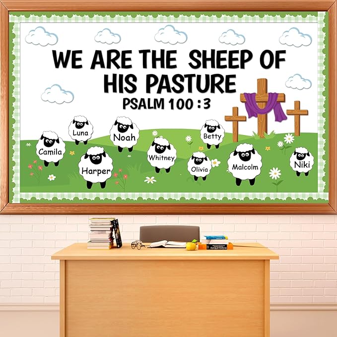 Easter Christian Bulletin Board Set VBS 2026 Religious Jesus Classroom Decoration Sheep Paper Cutouts We are The Sheep of His Pasture Bulletin Board for Sunday School Church Chalkboard Door Wall Decor