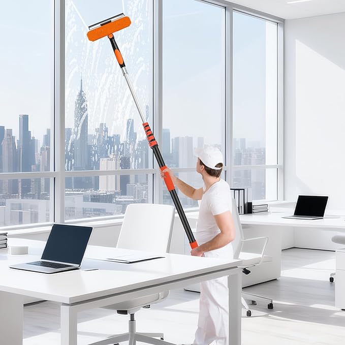 30FT Telescoping Window Squeegee Kit | 2-in-1 Professional Window Washer & Microfiber Scrubber with Extension Pole | High Reach Cleaning Tool for Outdoor, Indoor Windows & Glass