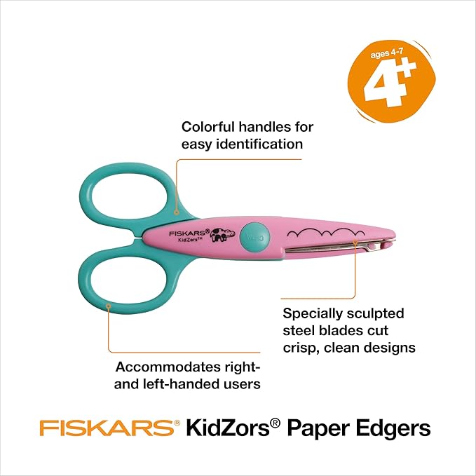 Fiskars Craft Scissors for Kids, Decorative Edge with Zoo Animal Pattern, Zig Zag Design, Ages 4-7, 3-Pack