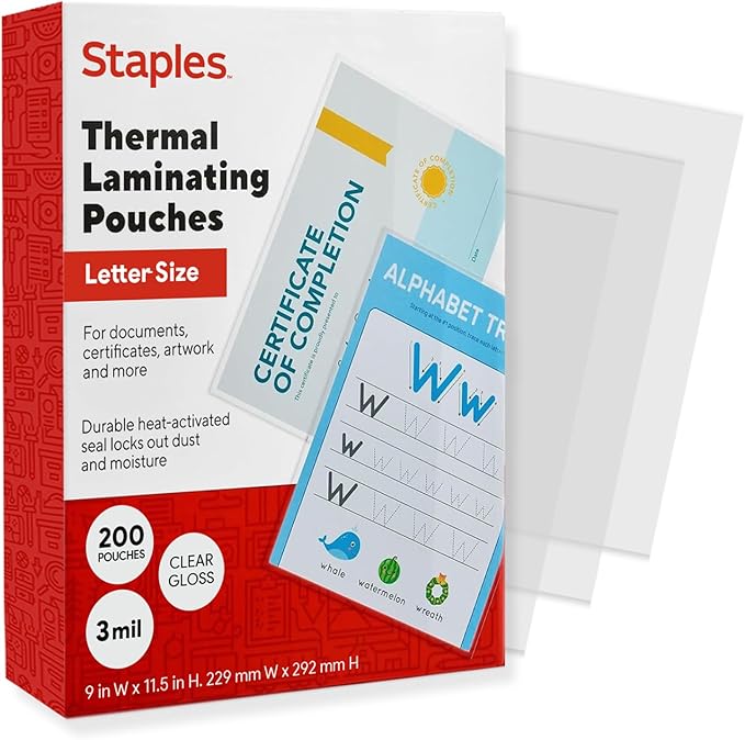 Staples Thermal Laminating Pouches, Letter Size, 9 x 11.5 Inches, 3 Mil, 200/Pack, for Office & School Use
