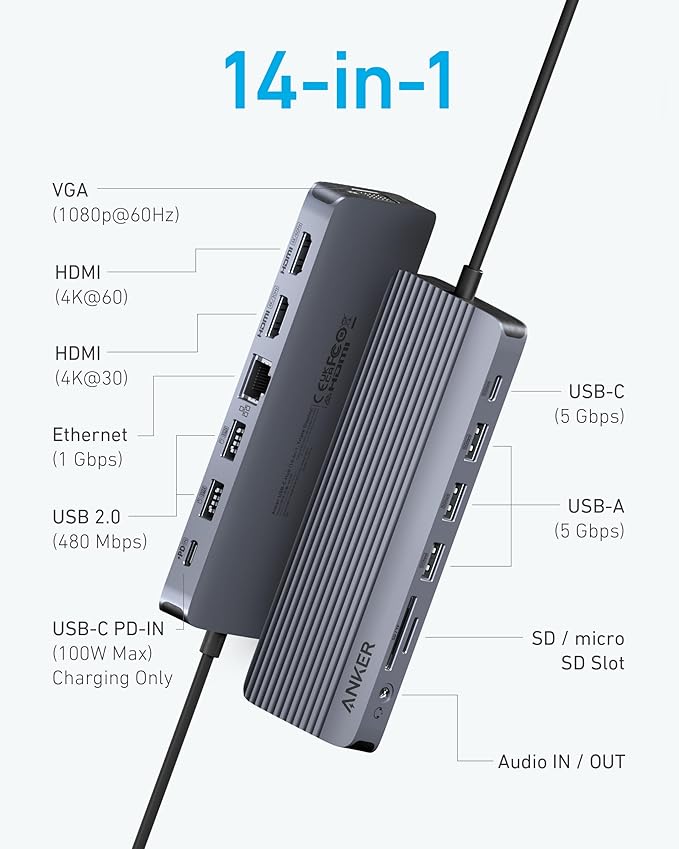 Anker Laptop Docking Station 3 Monitors, 14 in 1 USB C Hub, Triple Display USB C Docking Station with Dual 4K HDMI, 1080p VGA, 80W PD, USB-A/C Data Ports for Dell XPS and More (Charger not Included)