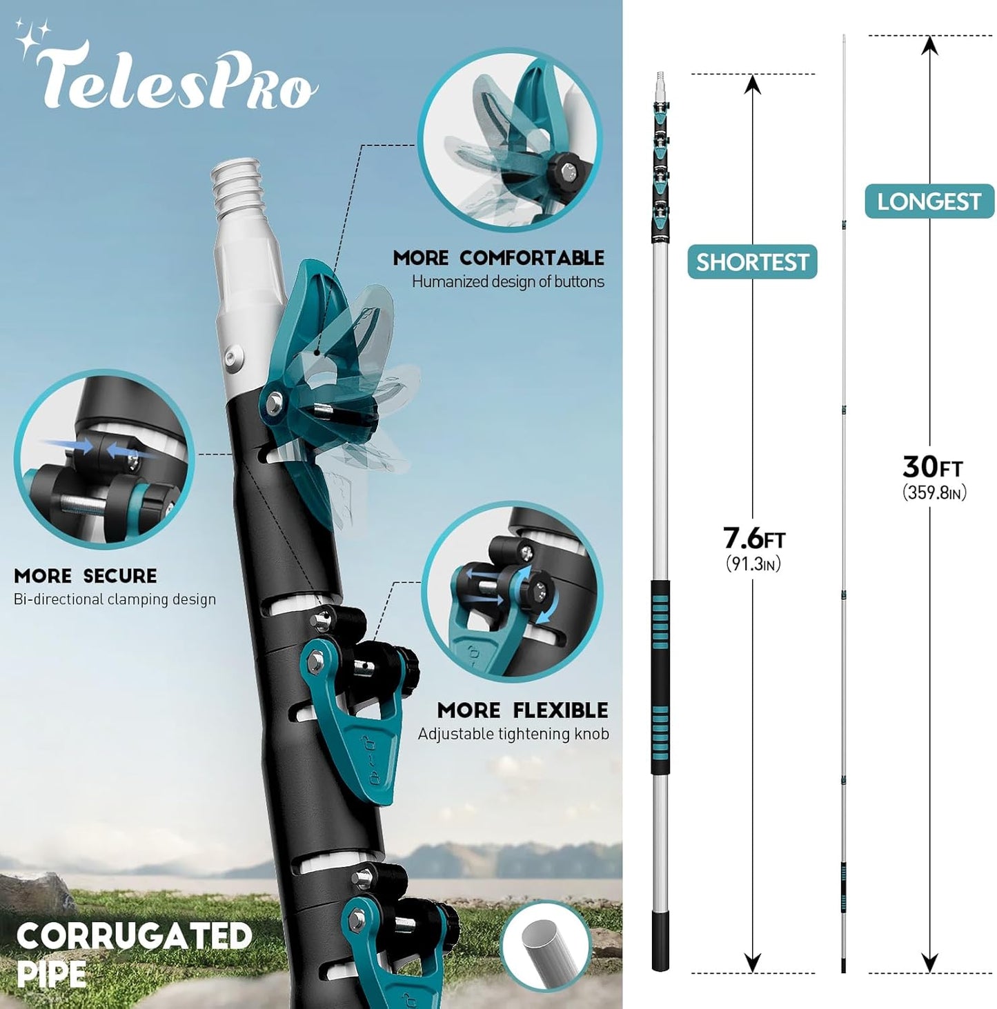 36 Foot High-Reach Duster Kit with 7-30FT Extendable Pole - High Ceiling Duster Cleaning Kit with Telescopic Pole,Cobweb Duster, Chenille Ceiling Fan Duster, Microfiber Feather Duster