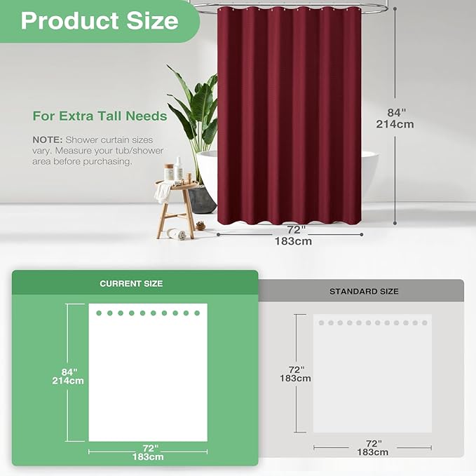 Dynamene Extra Long Shower Curtain - 84 Inch Long Burgundy Waffle Weave Heavy Duty Fabric Bathroom Shower Curtain, Neutral Weighted Hotel Thick Bath Curtain Set with 12 Plastic Hooks,72x84, Burgundy
