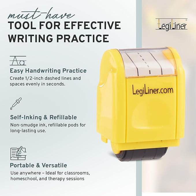 LEGILINER 1/2" Dashed Handwriting Line (Yellow) Teacher Stamp – Tri-Line Dashed Pattern. Classroom & Home Use. Refillable Ink Writing Practice Roller Stamp.