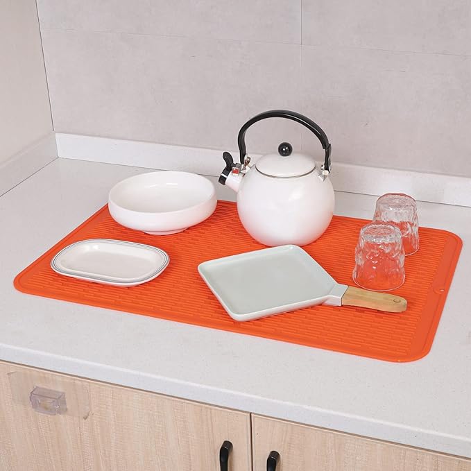 Silicone Dish Drying Mat for Multiple Usage,Easy clean,Eco-friendly,Heat-resistant Silicone Mat for Kitchen Counter or Sink,Refrigerator or Drawer Liner Orange 3XL 28 inches x 18 inches