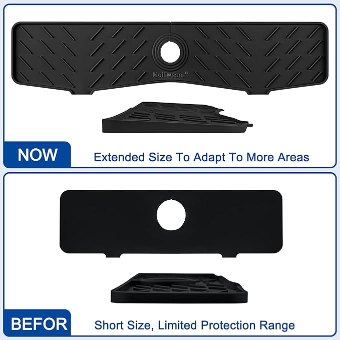 Meiliweser Faucet Mat for Kitchen Sink – 24” x 5.1” Extra-Long Silicone Splash Guard with 10° Slope & Upgraded Drainage – Gen 3 Sink Water Catcher & Sponge Holder for Kitchen, Bathroom (Black)