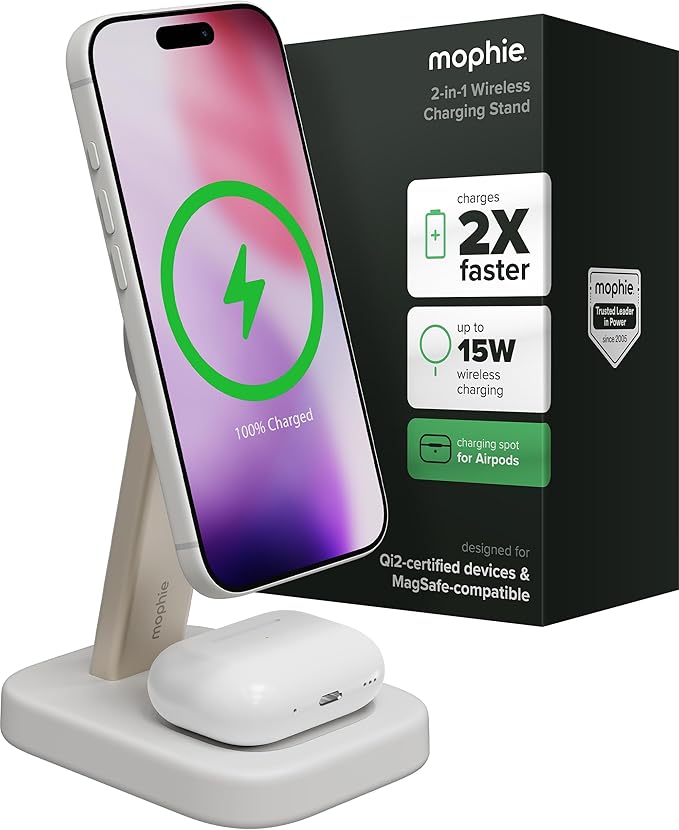 Mophie 2-in-1 Wireless Charging Stand - Qi2-Certified, MagSafe Charger for iPhone & AirPods – Fast Charging Station with Adjustable Phone Stand & Cable Management – Up to 15W Power