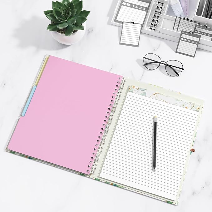Rimilak Spiral Clipboard Folio with Refillable Lined Notepad, 14.5 x 9.8 In, Hardcover Cover with 5 Interior Pockets, Elastic Band and Pen Loop Series. Cute Stylish Clipfolio, Bohe Leaves