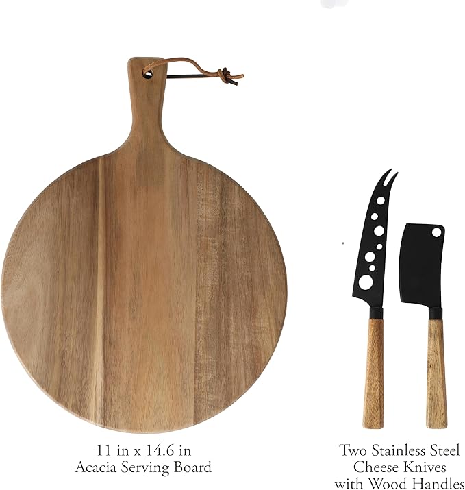 Gibson Home Gracious Dining 3 Piece Charcuterie Serving Board W/Stainless Cheese Knives and Round Acacia Wood Board