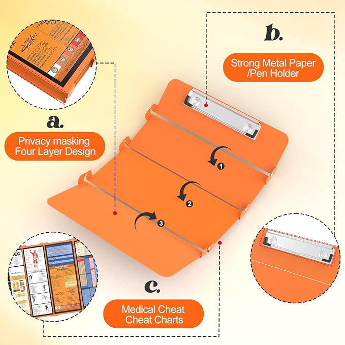 Nursing Clipboard Foldable-4 Layers Aluminum Nurse Foldable Clipboard Nursing Medical Edition Cheat Sheets, Pocket Size Pen Clip for Nurses Students School and Doctors-Orange Christmas Gifts Idea