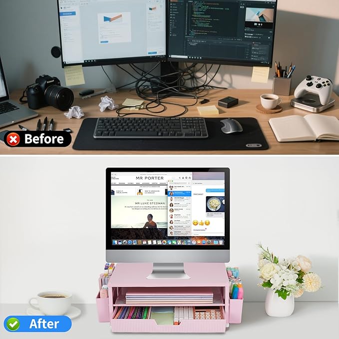 Desk Organizer and Accessories, 2-Tier Computer Monitor Stand Rise with Storage Drawer & 2 Pen Holders, Laptop & Printer Stand for Desktop, Workspace Organizers for Office Supplies (Pink)