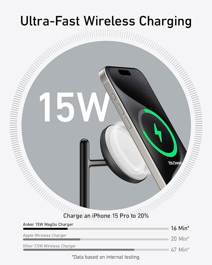 Anker MagSafe Charger Stand Compatible, iPhone 17 MagGo 3 in 1 Wireless Charging Station,Qi2 Certified 15W Wireless Charger, Desk Accessory, for iPhone 16/15/14/13 Series Apple Watch, AirPods