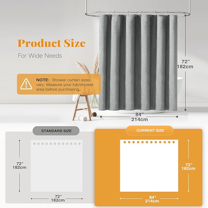 BTTN 84 Inch Wide Shower Curtain - W84xH72 Linen Textured Heavy Duty Fabric Shower Curtain Set with 14 Plastic Hooks, Large Hotel Spa Simple Waterproof Polyester Bath Curtains for Bathroom - Gray/Grey