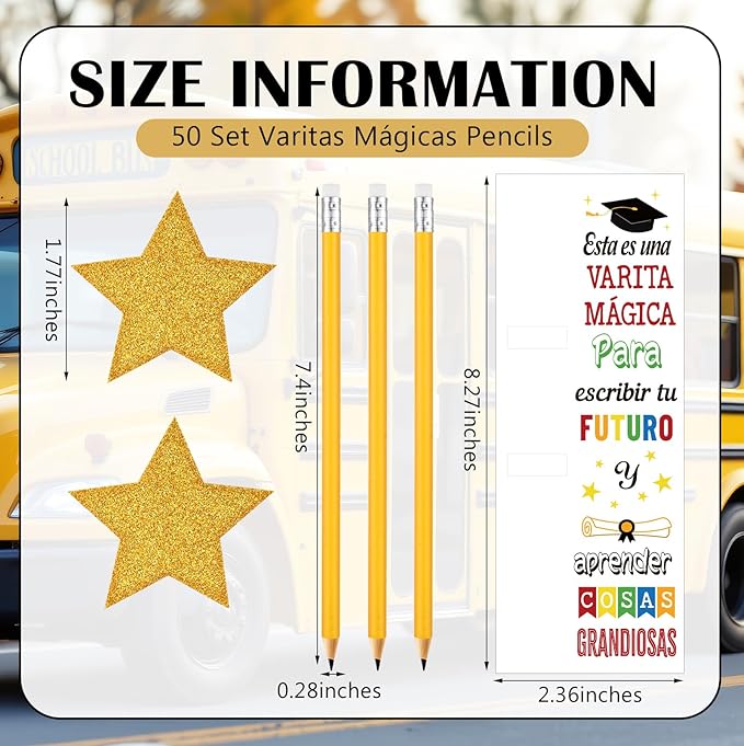 Colarr 50 Sets Spanish Graduation Gifts Pencils Class of 2026 Include Star Sticker Magical Wand Pencils Card for DIY Graduation Party Favors End of Year Senior High School College University