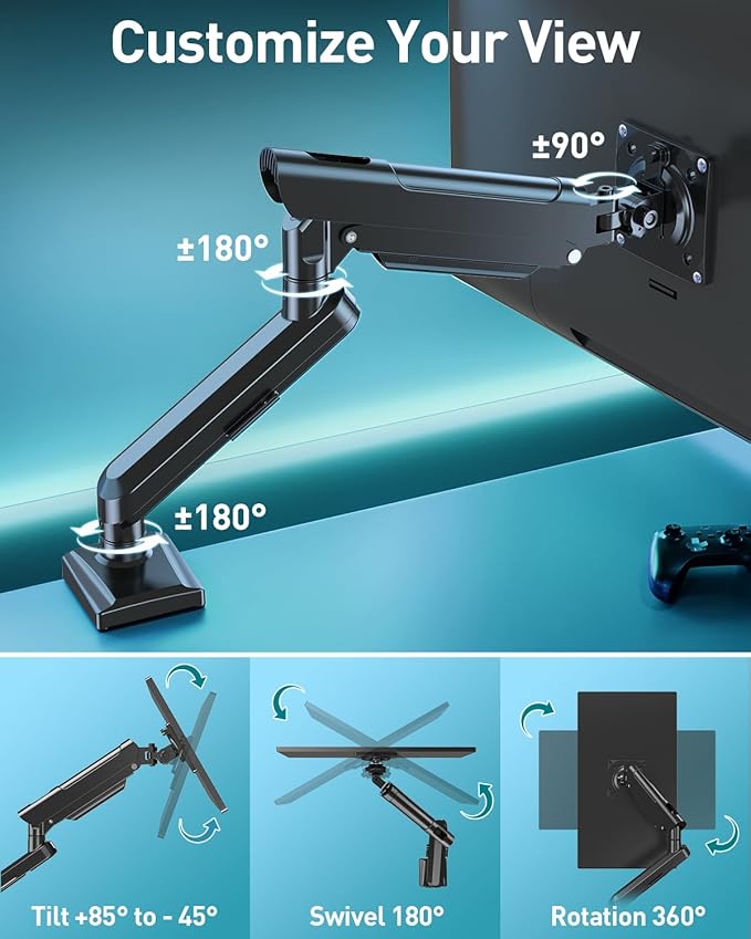 Single Monitor Desk Mount, 13-32 inch Adjustable Full Motion Monitor Arm, Computer Monitor Stand Holder with Clamp and Grommet Base, Fits 4.4 to 22lbs Screens, VESA Mount Bracket, Black, Freelift Pro