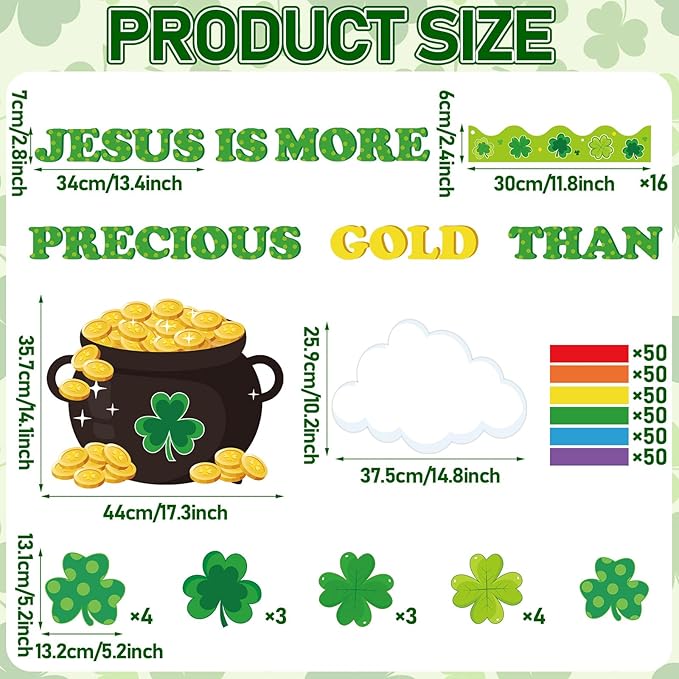 St. Patrick's Day Christian Bulletin Board Set Jesus Religious Classroom Decorations 3D Rainbow Gold Coin Paper Cutouts Shamrock Bulletin Board Borders for Church Sunday School VBS Wall Door Decor