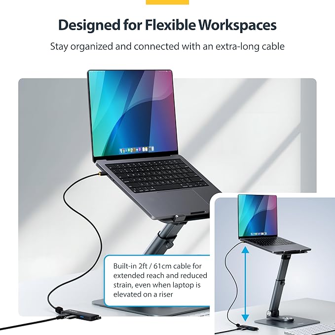 StarTech USB-C 4-Port Hub, SuperSpeed 5Gbps, 4 × USB-A Adapter, Bus-Powered Portable Hub with Extra Long 2 ft Cable, Plug-and-Play for MacBook, Dell, Chromebook, PC & Peripheral Devices