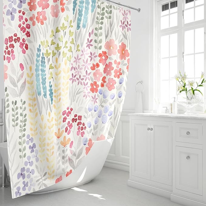 Cute Spring Summer Floral Shower Curtain, Colorful Flower Fabric Shower Curtains, Boho Funky Watercolor Wildflower Trendy Shower Curtain Set, Cottagecore Bohemian Bathroom Decor, 72x72