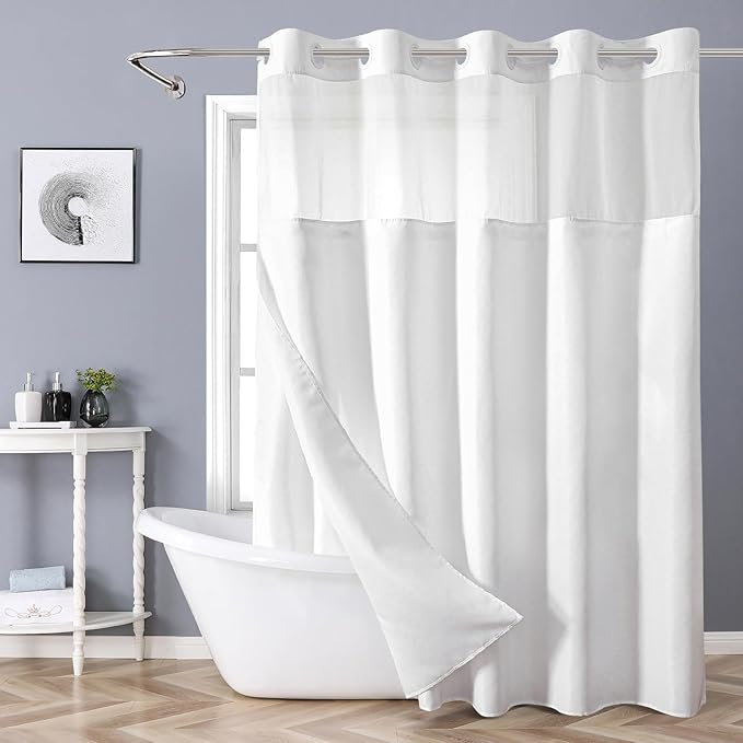 Extra Long No Hooks Needed Linen Textured Shower Curtain with Snap-in Fabric Liner Set,White Hotel Luxury Decor Shower Curtains for Bathroom,Waterproof & Washable,71Wx92H