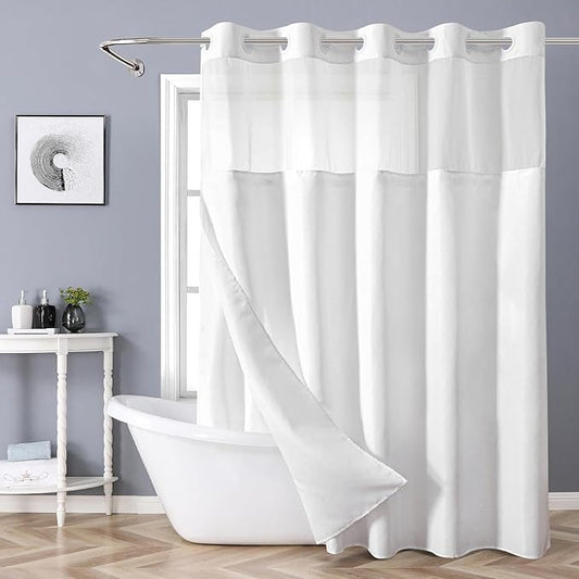 Extra Long No Hooks Needed Linen Textured Shower Curtain with Snap-in Fabric Liner Set,White Hotel Luxury Decor Shower Curtains for Bathroom,Waterproof & Washable,71Wx92H