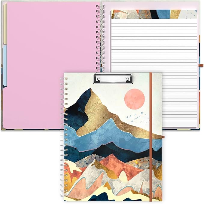 Rimilak Spiral Clipboard Folio with Refillable Lined Notepad, 14.5 x 9.8 In, Hardcover Cover with 5 Interior Pockets, Elastic Band and Pen Loop Series. Cute Stylish Clipfolio, Watercolor Sunset