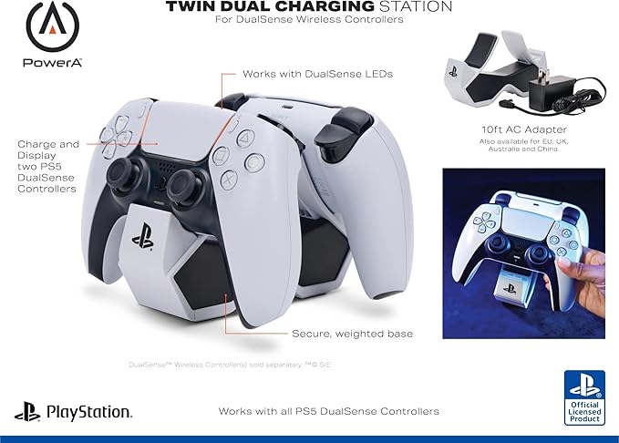 PowerA Twin Charging Station for Dualsense Wireless Controllers, Dualsense Controller Charging, Charge, Sony PlayStation, PS5, Officially Licensed - PlayStation 5