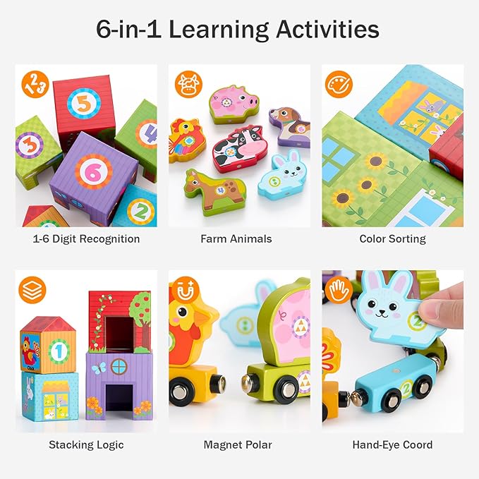 Atoylink Stacking Blocks Nesting Toys with Magnetic Animal Train, 6 Farm Cubes Number Learning Set for Toddlers 18M-6Y, Montessori Educational Counting Toy for Boys Girls, Safe Non-Toxic Kids Gift