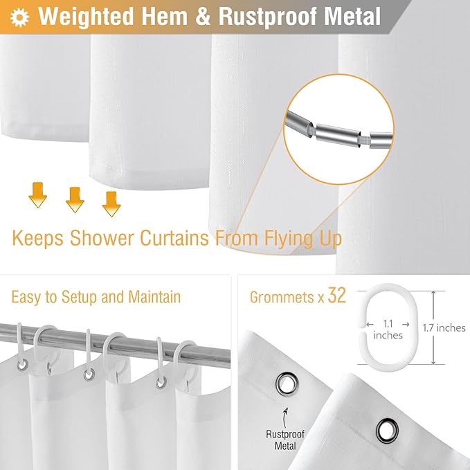 BTTN Fabric Shower Curtain, Linen Textured Heavy Duty Polyester Cloth Shower Curtain Set with Plastic Hooks, White, 180" W x 72" L (Pack of 1)