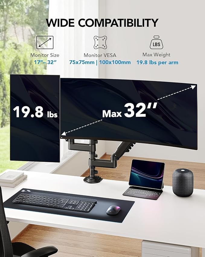 HUANUO 17-32 Inch Dual Monitor Stand, NITROGLIDE™ Dual Monitor Mount, Monitor Stand 2 Monitors, Ergonomic Adjustable Tilt/Swivel/Rotate, Weight Max 19.8 lbs, VESA 75/100mm